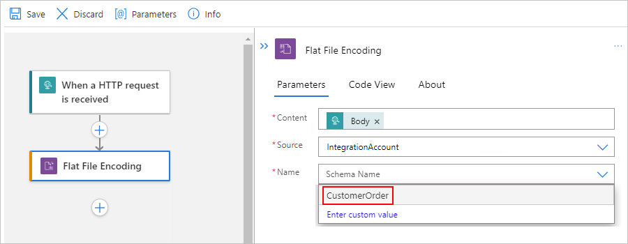 Capture d’écran montrant le concepteur de workflow standard et la liste « Nom » ouverte avec le schéma sélectionné à utiliser pour l’encodage.