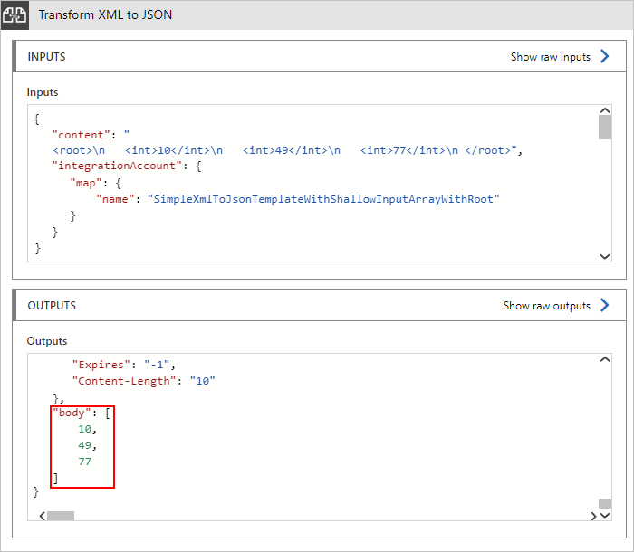 Capture d’écran montrant un exemple de sortie pour une transformation de XML en JSON.