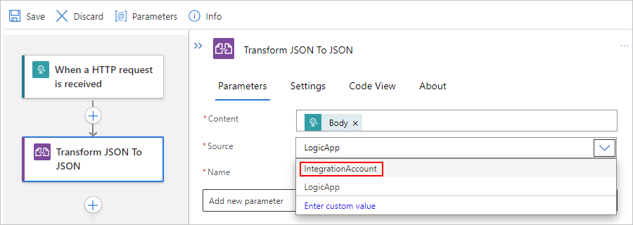 Capture d’écran montrant un flux de travail Standard avec la propriété « Source » et « IntegrationAccount » sélectionnés.