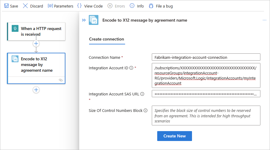 Capture d’écran montrant le flux de travail standard et l’information de connexion pour l’action nommée « Encoder en message X12 par nom d’accord ».