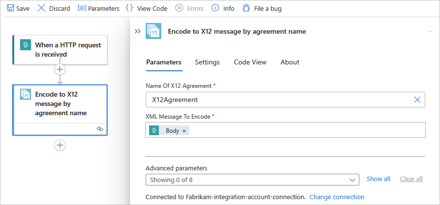 Capture d’écran montrant le flux de travail standard, l’action nommée « Encoder en message X12 par nom d’accord », et les propriétés de l’action.