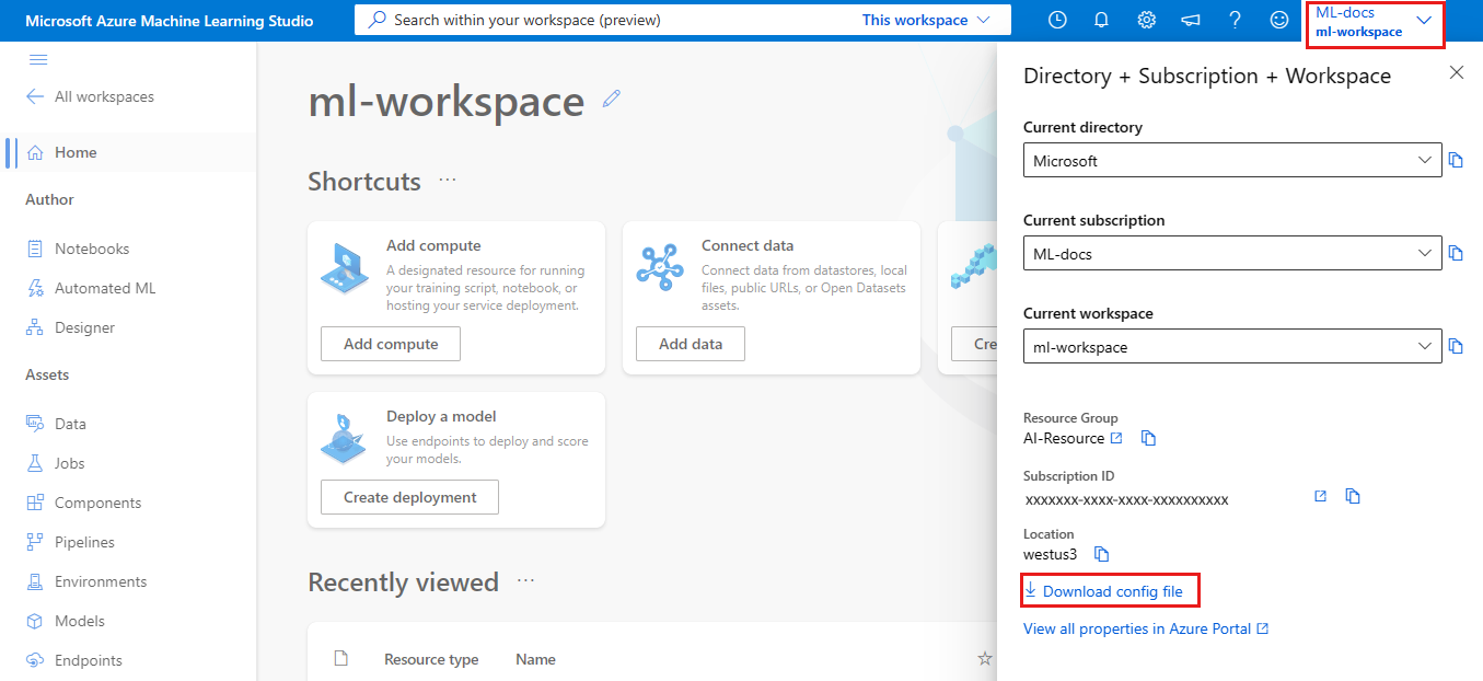 Capture d’écran de la page de présentation de l’espace de travail avec téléchargement config.json sélectionné.