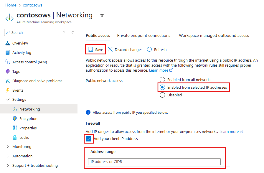 Capture d’écran de l’interface utilisateur pour activer l’accès à partir de plages d’adresses IP Internet.