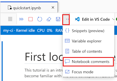 Capture d’écran de l’outil de commentaires de notebook dans la barre d’outils supérieure.