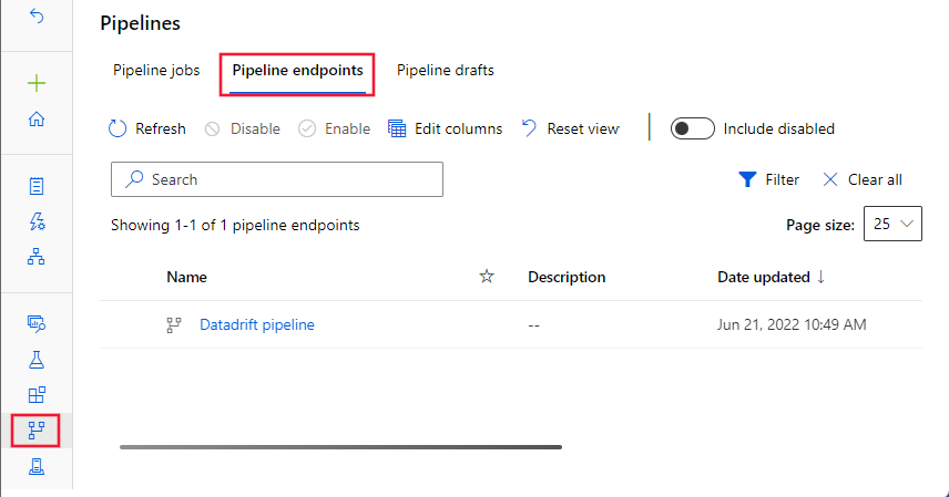 Capture d’écran montrant les points de terminaison de pipeline.