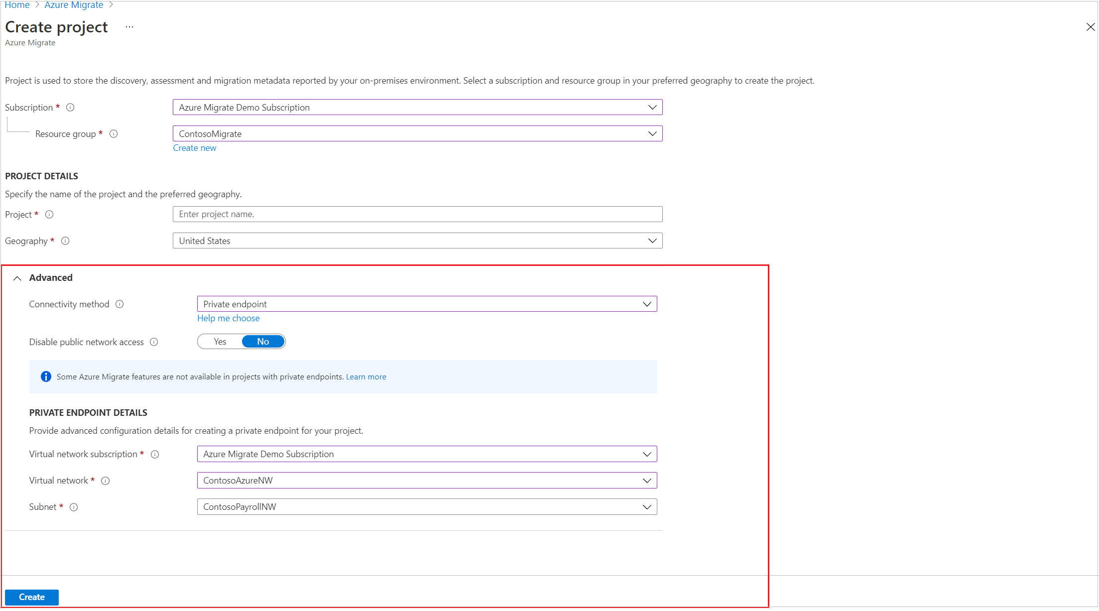 Capture d’écran montrant la section Avancé sur la page Créer un projet.