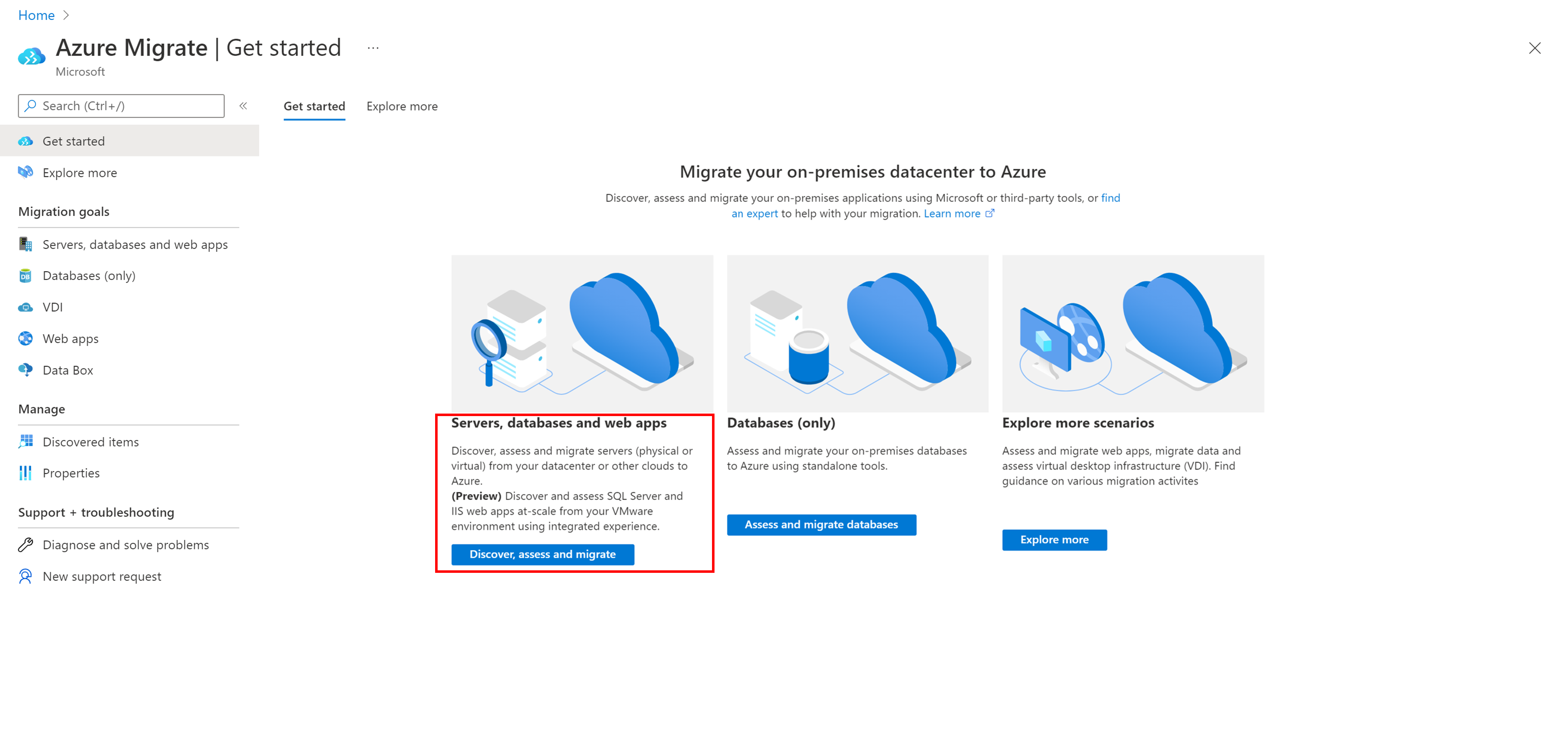 Capture d’écran de la page de présentation d’Azure Migrate.