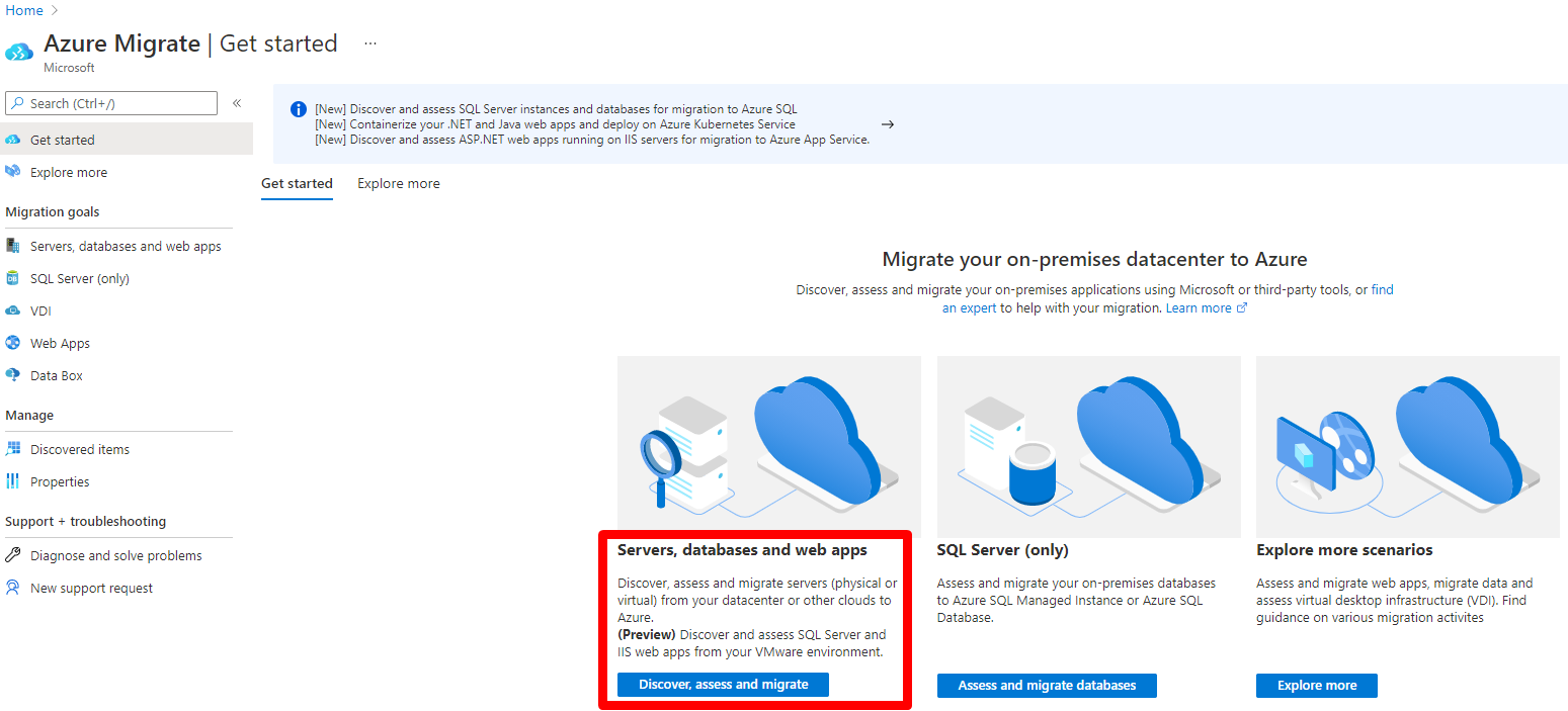 Page Vue d’ensemble d’Azure Migrate