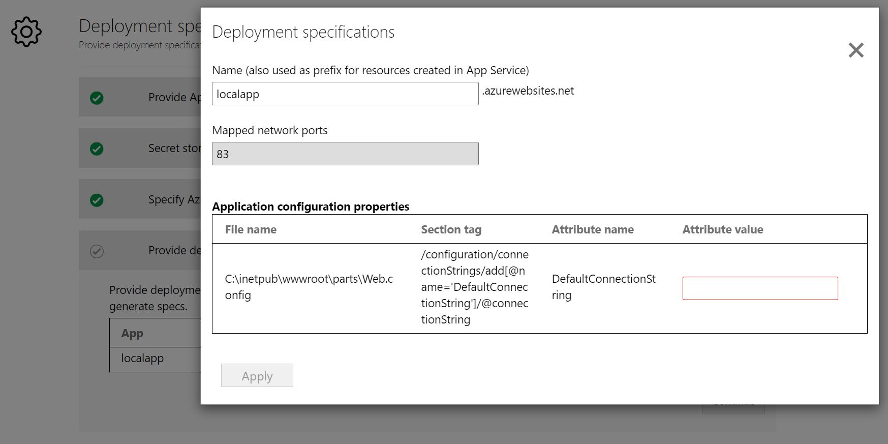 Capture d’écran montrant la configuration du déploiement.