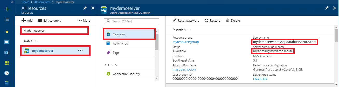 Capture d’écran des informations de connexion de l’instance de serveur flexible Azure Database pour MySQL dans le Portail Azure.