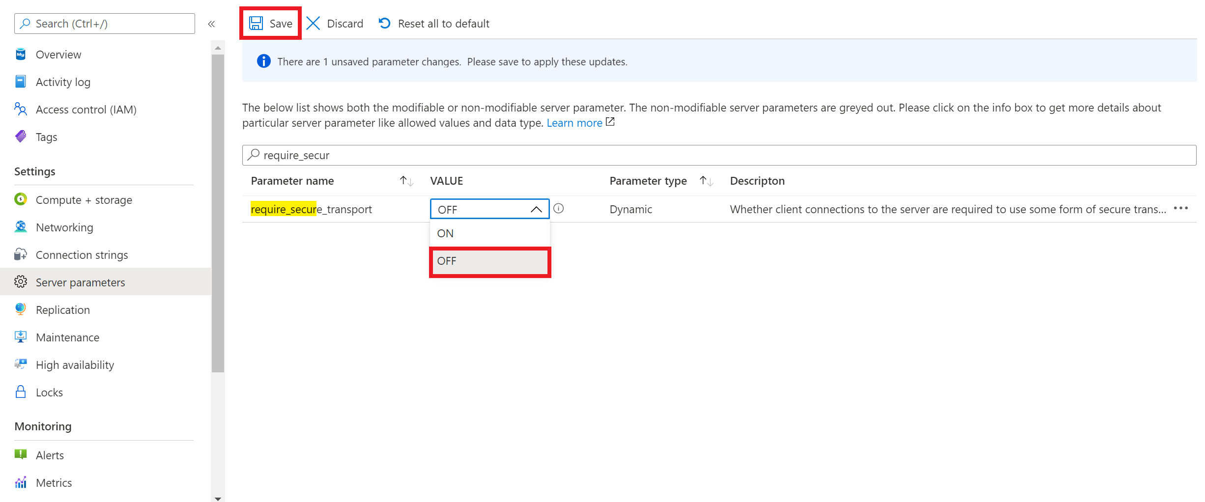 Capture d’écran montrant comment désactiver SSL avec Azure Database pour serveur flexible MySQL.