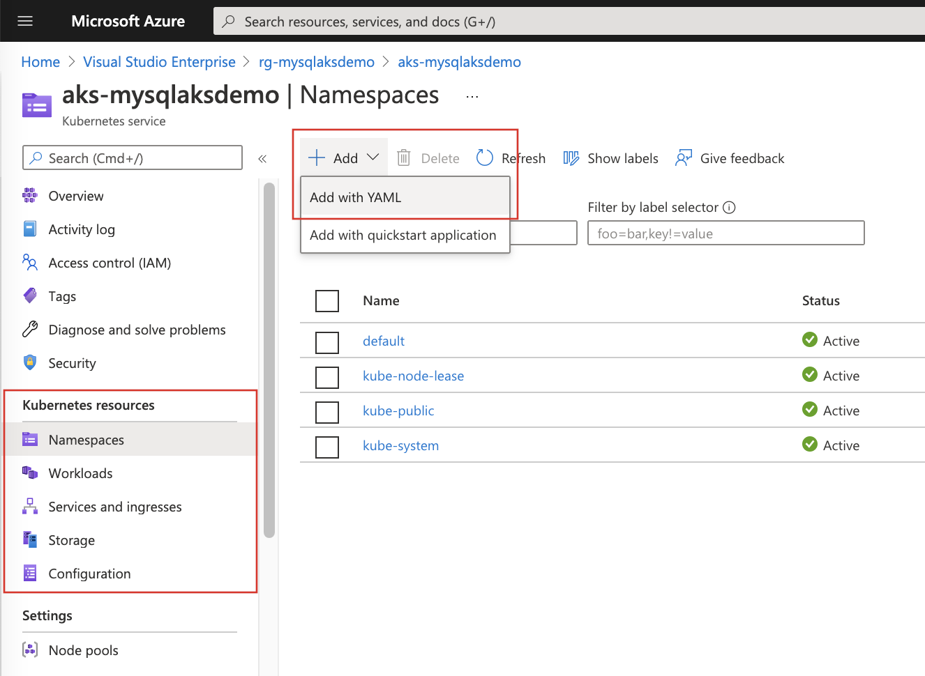 Capture d’écran montrant la vue des ressources Azure Kubernetes Service sur le portail Azure.