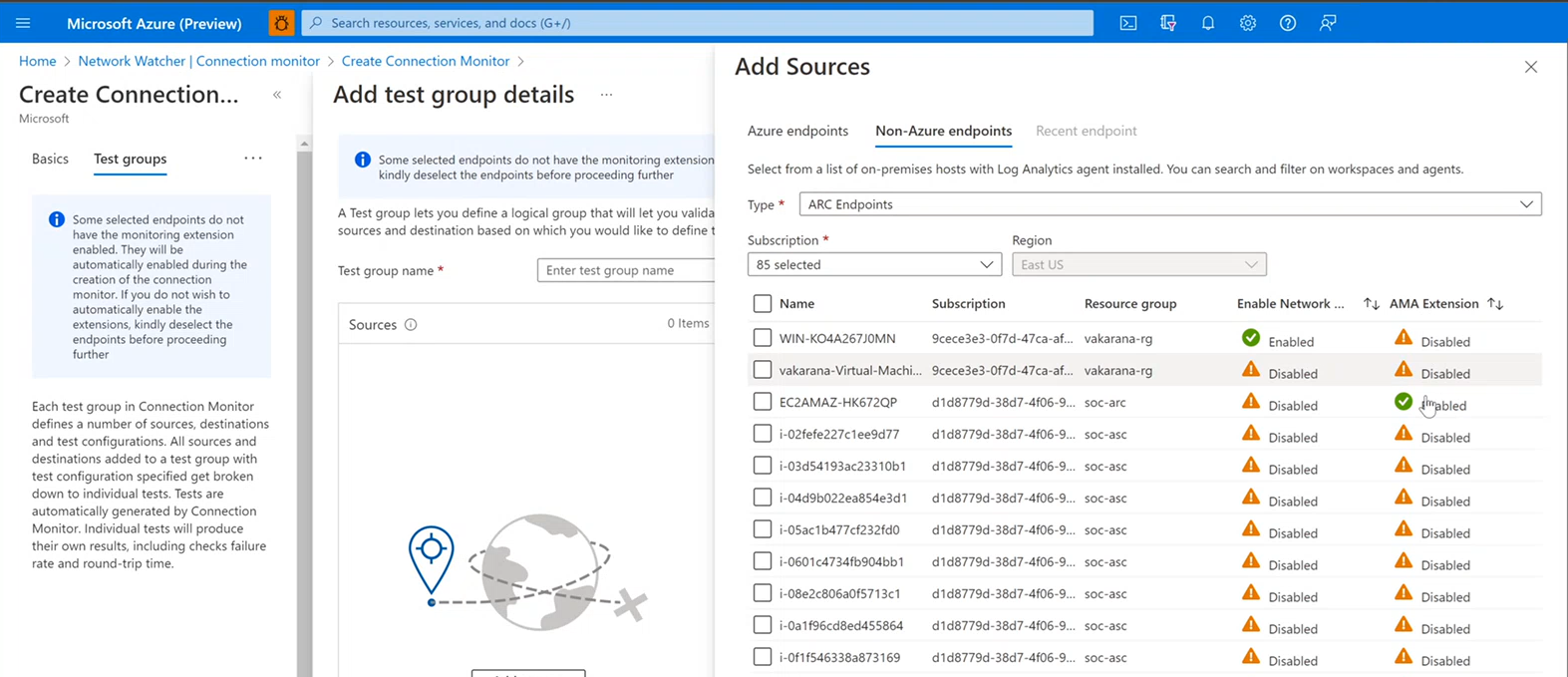 Capture d’écran des hôtes avec Azure Arc et Agent Azure Monitor.