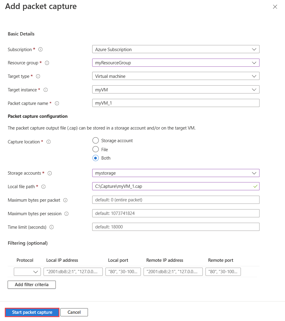 Capture d’écran illustrant les options disponibles dans Ajouter une capture de paquets sur le Portail Azure.