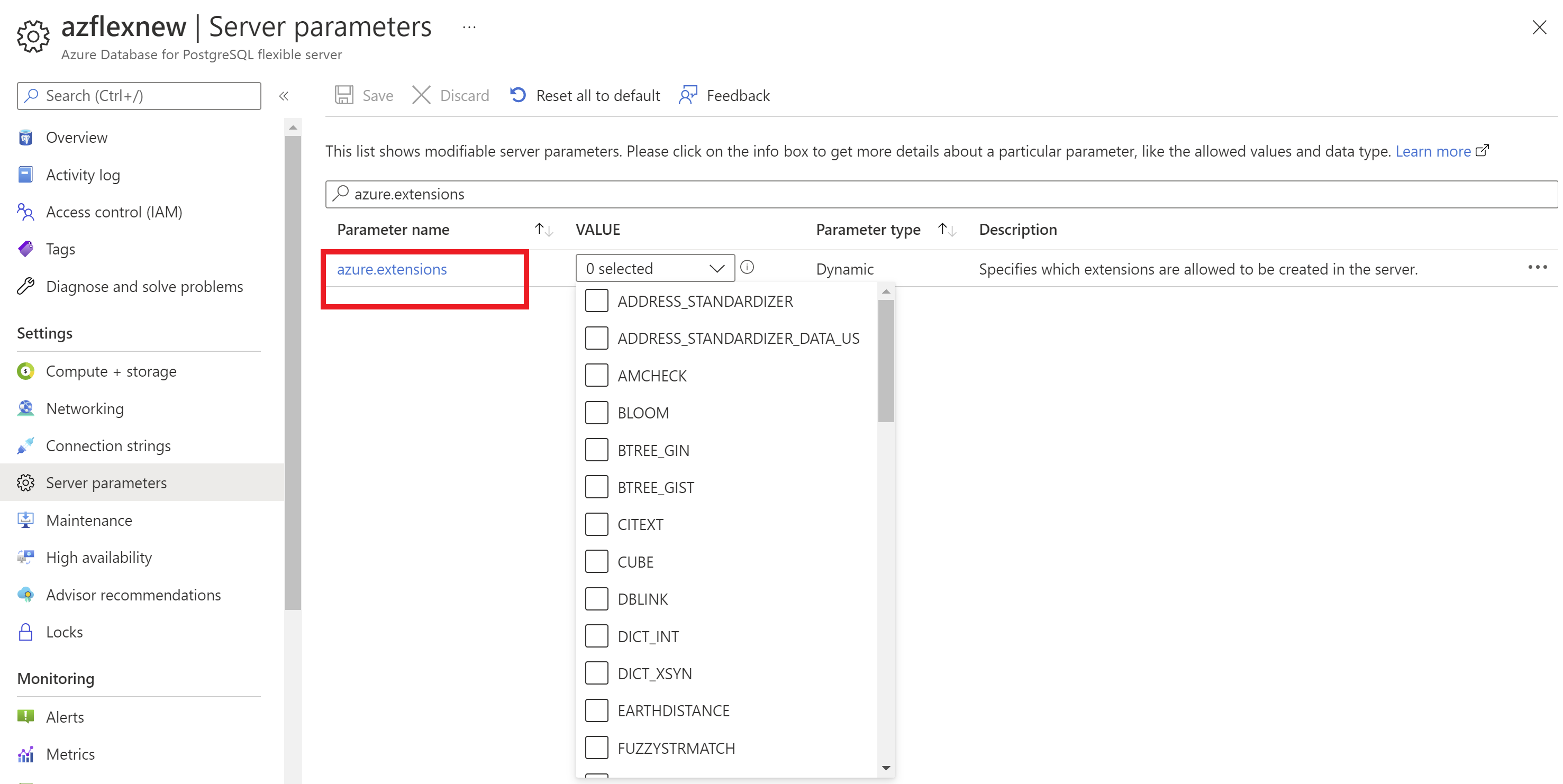 Capture d’écran montrant des extensions de la liste d’autorisation Azure Database pour PostgreSQL pour installation.