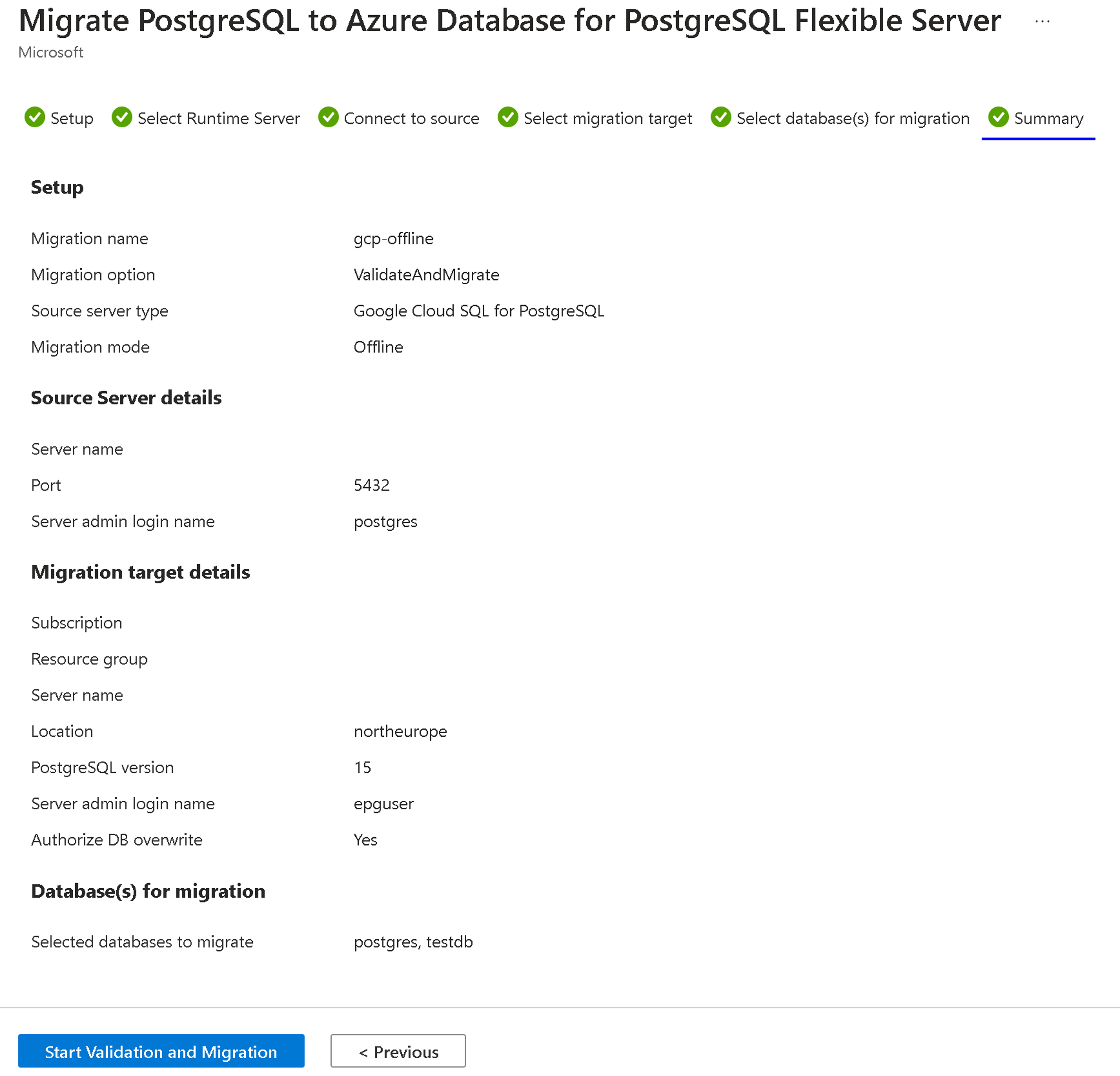 Capture d’écran de la page de résumé de la migration.