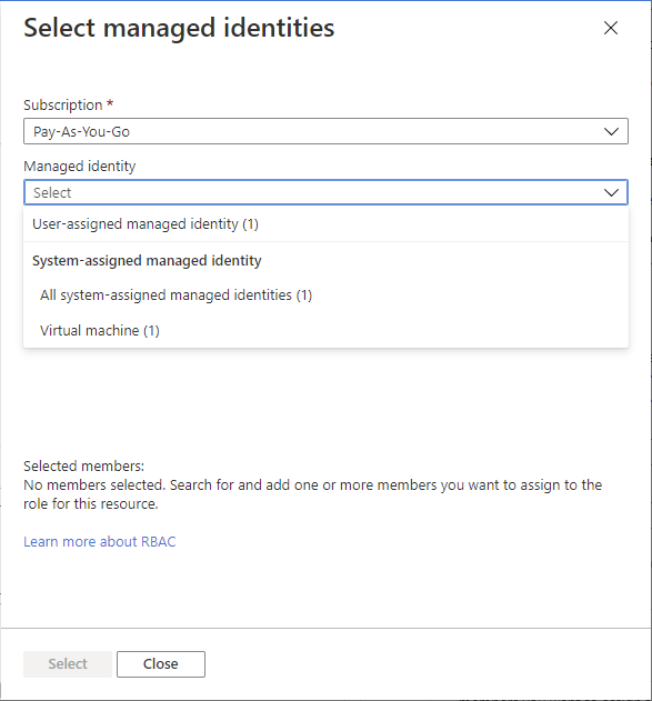Capture d’écran du volet Sélectionner des identités managées.