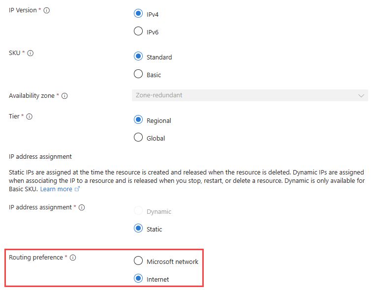 Screenshot of the internet routing preference of a public IP address in the Azure portal.