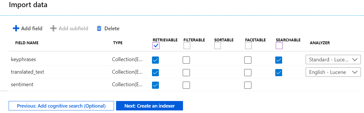 Capture d’écran de la définition de l’index