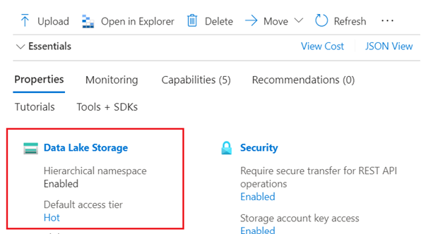 Capture d’écran de la page propriétés du compte de stockage montrant Data Lake Storage.