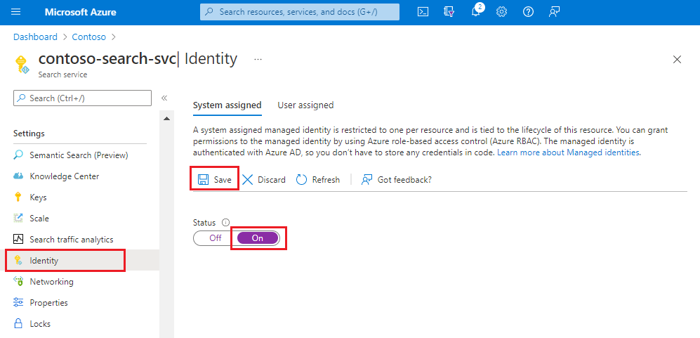 Capture d’écran de la page Identité dans le Portail Azure.