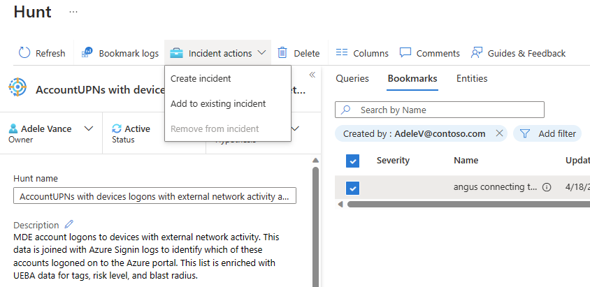 Capture d’écran du menu Actions d’incident dans la fenêtre Signets.