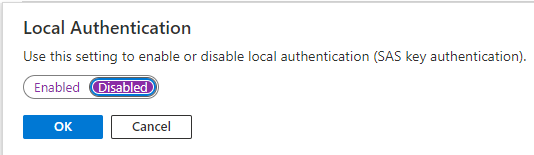 Capture d’écran montrant la fenêtre contextuelle Authentication locale avec l’option Désactivée sélectionnée.