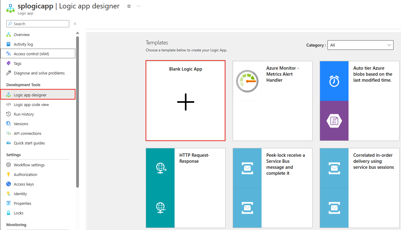 Capture d’écran montrant la page du concepteur d’application logique avec l’option Application logique vide sélectionnée.