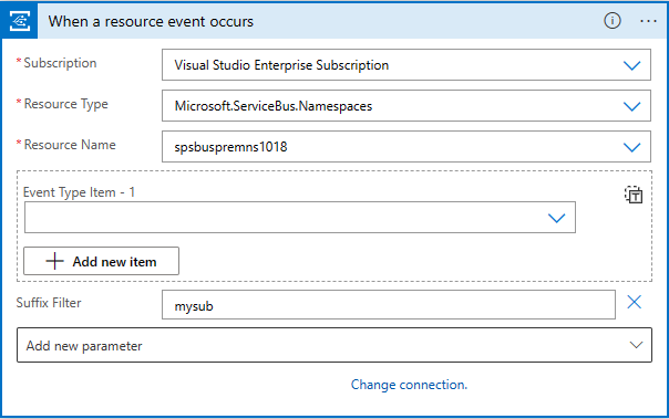 Capture d’écran montrant le Logic Apps Designer avec la configuration de connexion pour l’espace de noms Service Bus.