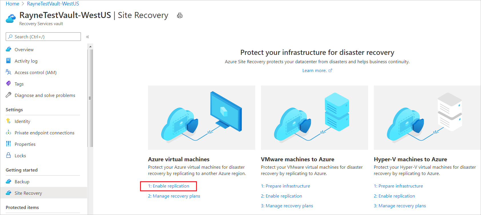 Capture d’écran montrant la sélection à opérer pour activer la réplication pour les machines virtuelles Azure.