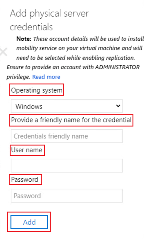 Capture d’écran de l’ajout des informations d’identification du serveur physique.