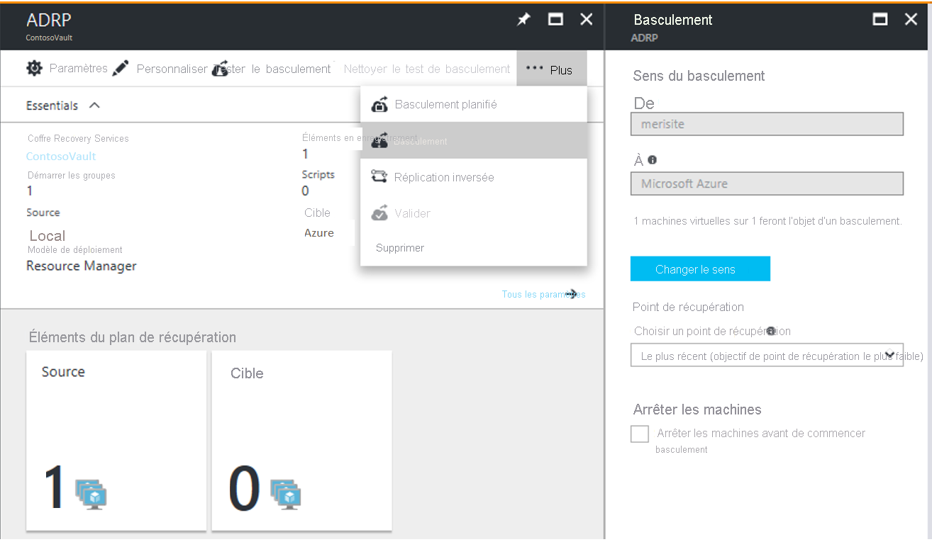 Screenshot from Azure Site Recovery showing the ADRP pane with Failover selected from the More menu.