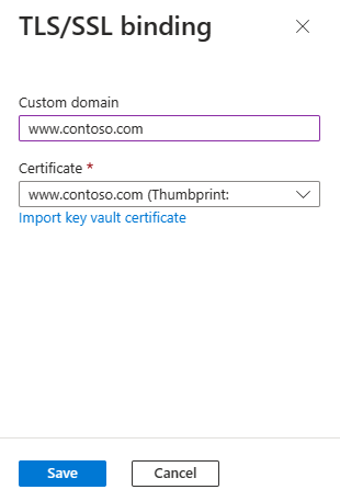 Capture d’écran du portail Azure montrant le volet Liaison TLS/SSL.