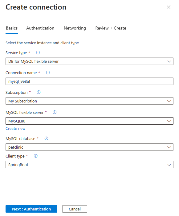 Capture d’écran du portail Azure montrant l’onglet des informations de base en cours de remplissage dans le connecteur de services.