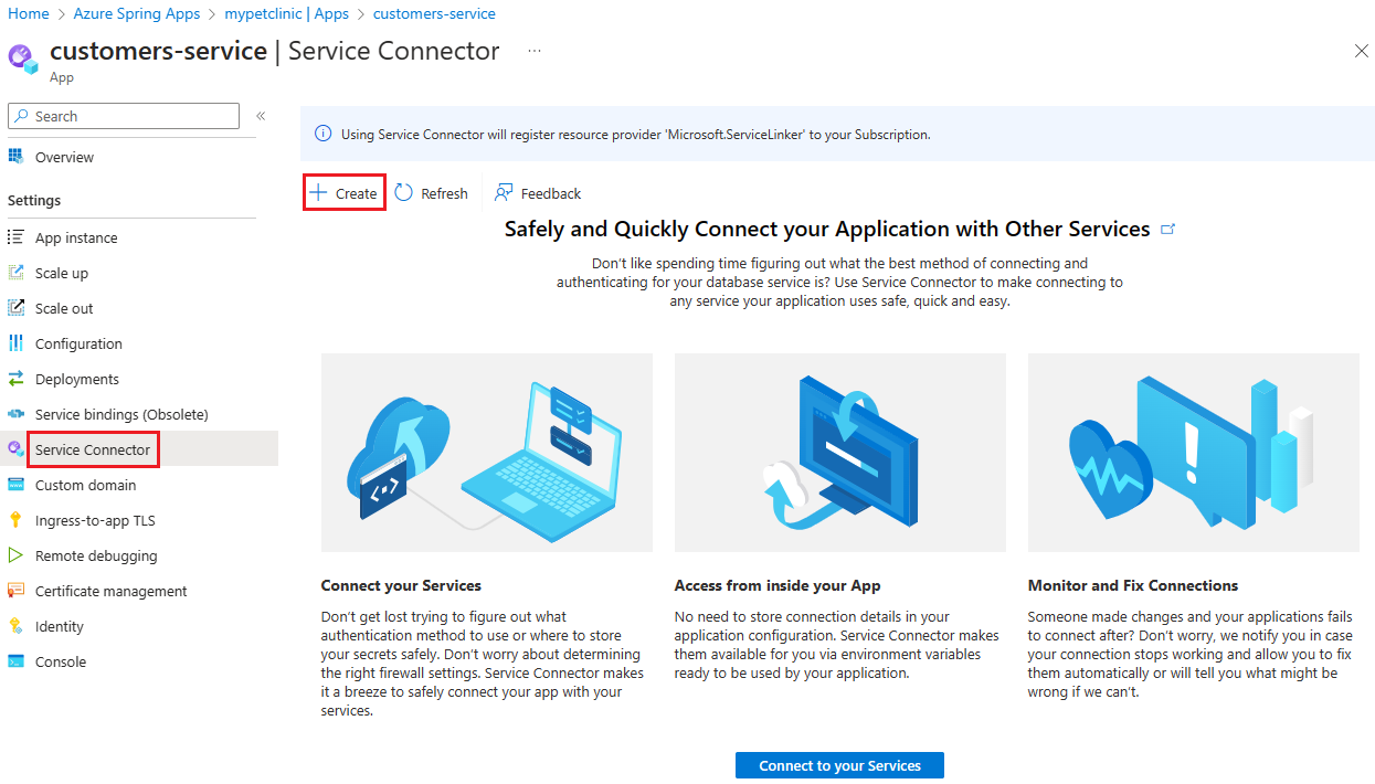 Capture d’écran du portail Azure, montrant la création d’une connexion avec le connecteur de services dans l’instance Azure Spring Apps.