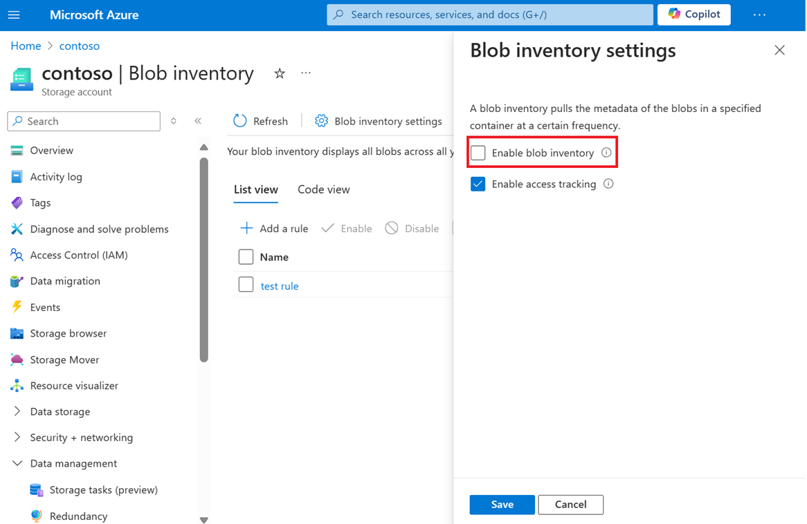 Capture d’écran montrant la case à cocher Activer l’inventaire de blob dans le portail Azure.