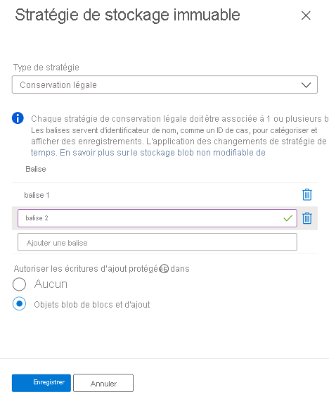 Capture d’écran montrant comment configurer une stratégie de conservation légale limitée au conteneur.