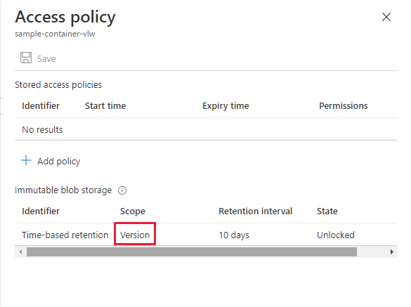 Capture d’écran montrant la stratégie de rétention par défaut au niveau de la version configurée pour le conteneur