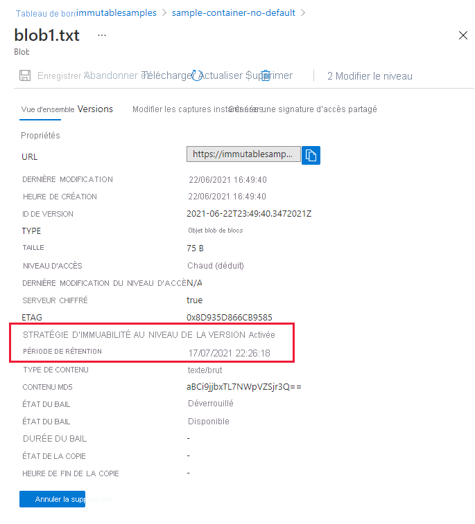 Capture d’écran montrant les propriétés de stratégie d’immuabilité sur la version d’objet blob dans le Portail Azure