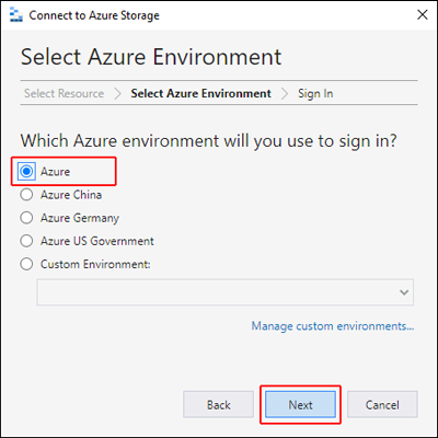 Capture d’écran de la fenêtre de connexion de l’Explorateur Stockage Microsoft Azure