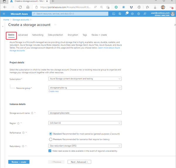 Capture d’écran montrant une configuration standard pour un nouveau compte de stockage – Onglet Informations de base