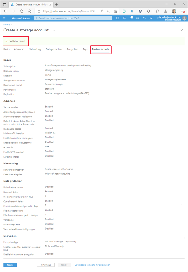 Capture d’écran montrant une configuration standard pour un nouveau compte de stockage – Onglet Vérifier