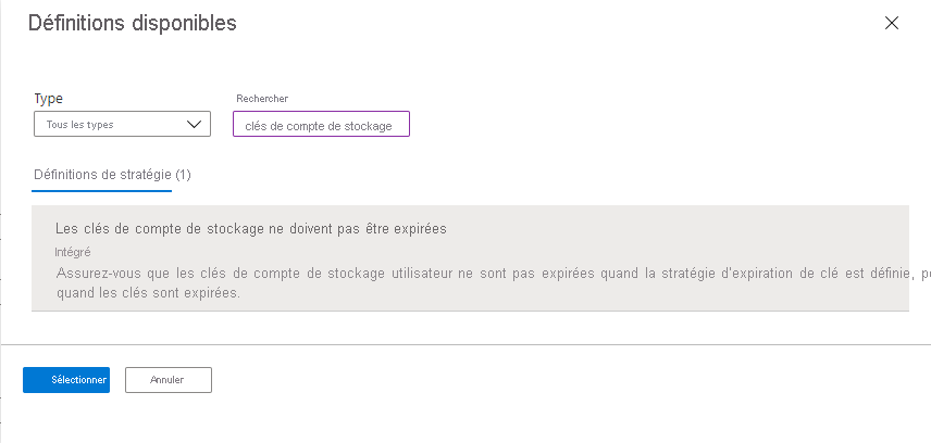 Capture d’écran montrant comment sélectionner la stratégie intégrée pour analyser les intervalles de rotation pour les comptes de stockage