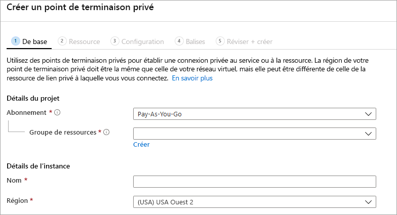 Capture d’écran de la section De base de la fenêtre Créer un point de terminaison privé