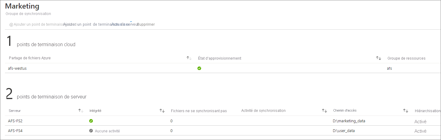 Capture d’écran montrant l’état de santé du point de terminaison du serveur dans le portail Azure.