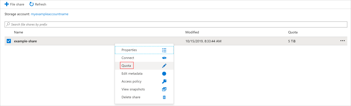 Interface utilisateur du portail Azure avec le quota des partages de fichiers existants