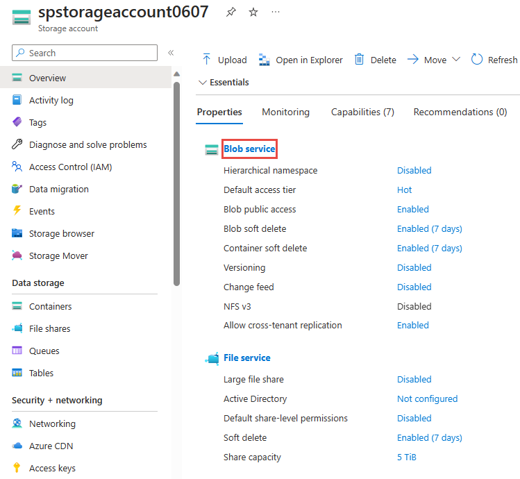 Capture d’écran montrant la page de vue d’ensemble du Compte de stockage avec le service BLOB sélectionné.