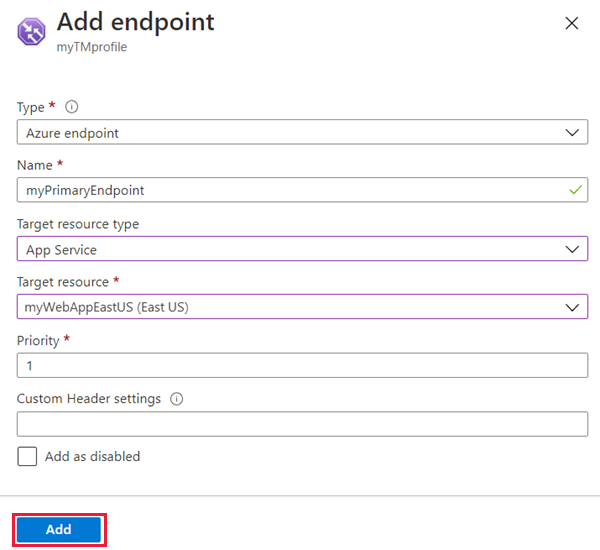 Capture d’écran montrant à quel endroit vous ajoutez un point de terminaison à votre profil Traffic Manager.