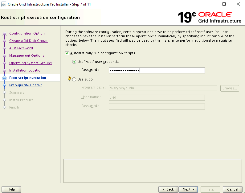 Capture d’écran de la page de configuration d’exécution du script racine du programme d’installation.