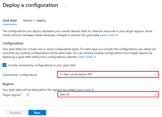 Capture d’écran de l’onglet de configuration d’un état d’objectif pour les ressources réseau.